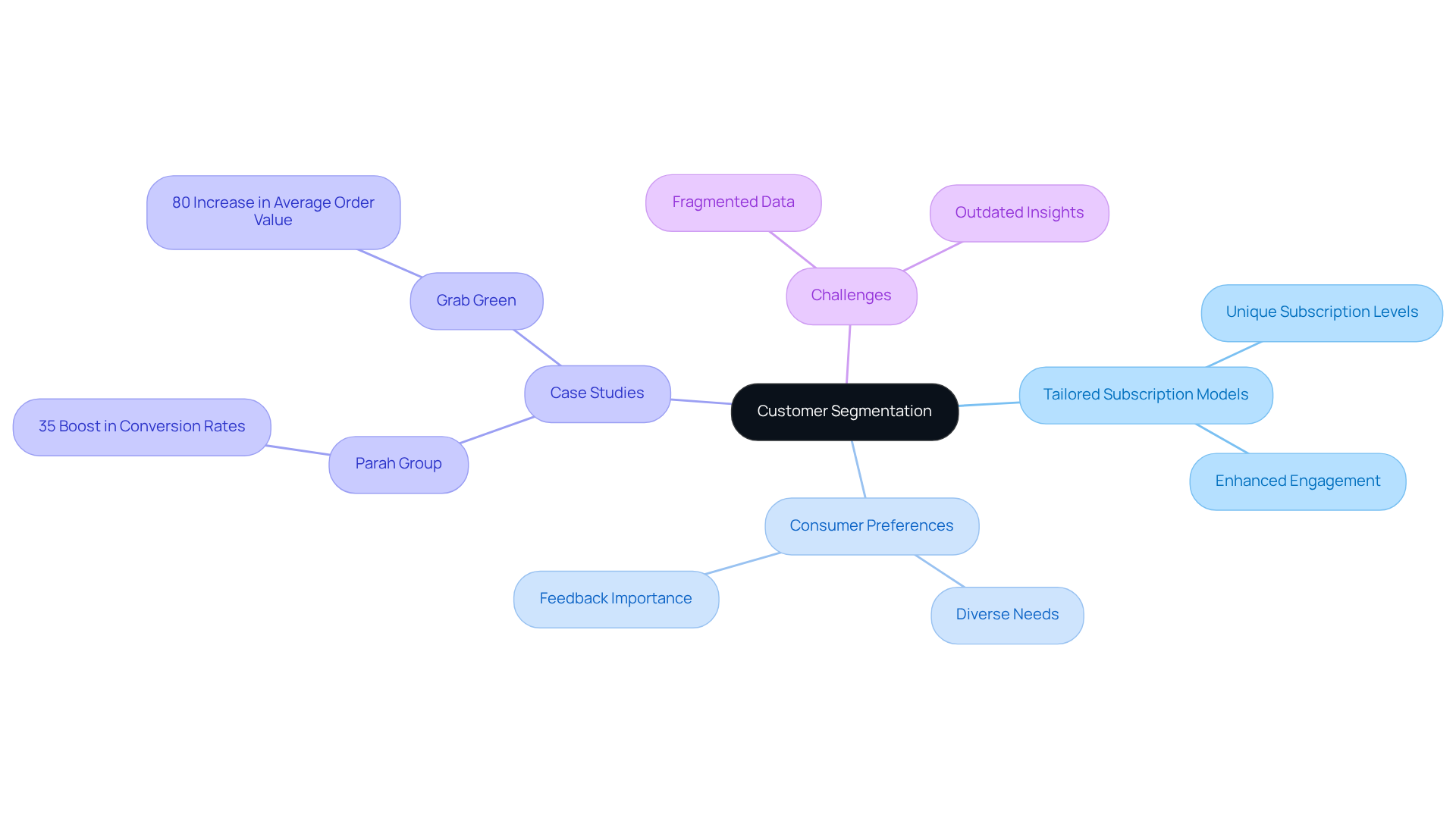 At the center, you'll find the concept of customer segmentation, with branches showing how it leads to tailored subscriptions, examples of successful companies, and potential challenges. Follow the branches to explore how each part contributes to understanding customer needs. At the center, you'll find the concept of customer segmentation, with branches showing how it leads to tailored subscriptions, examples of successful companies, and potential challenges. Follow the branches to explore how each part contributes to understanding customer needs.