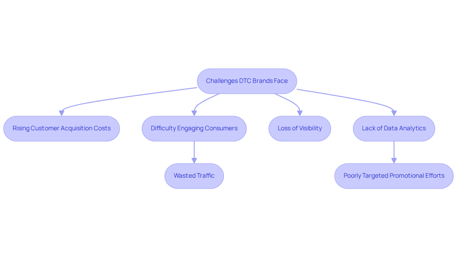 Each box represents a challenge that DTC brands face. The arrows show how these challenges are interconnected, leading to further complications in their marketing efforts.