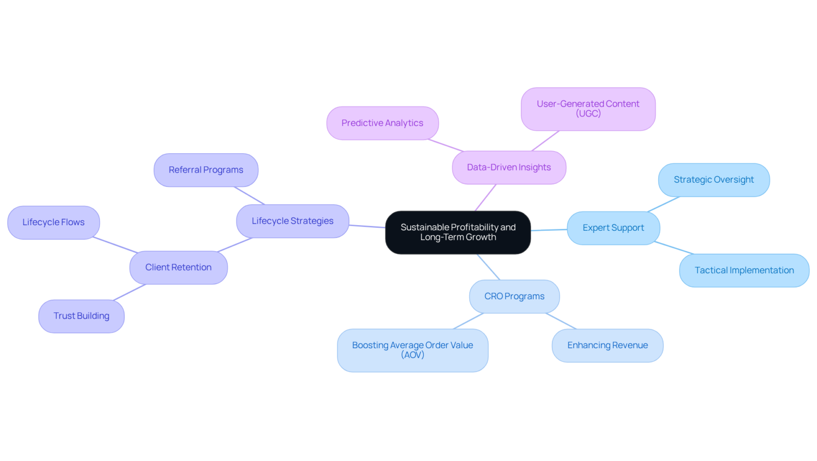 The central node represents the main goal, while the branches illustrate key strategies and their benefits. Each color-coded branch shows how different approaches contribute to long-term growth and success in the marketplace. The central node represents the main goal, while the branches illustrate key strategies and their benefits. Each color-coded branch shows how different approaches contribute to long-term growth and success in the marketplace.