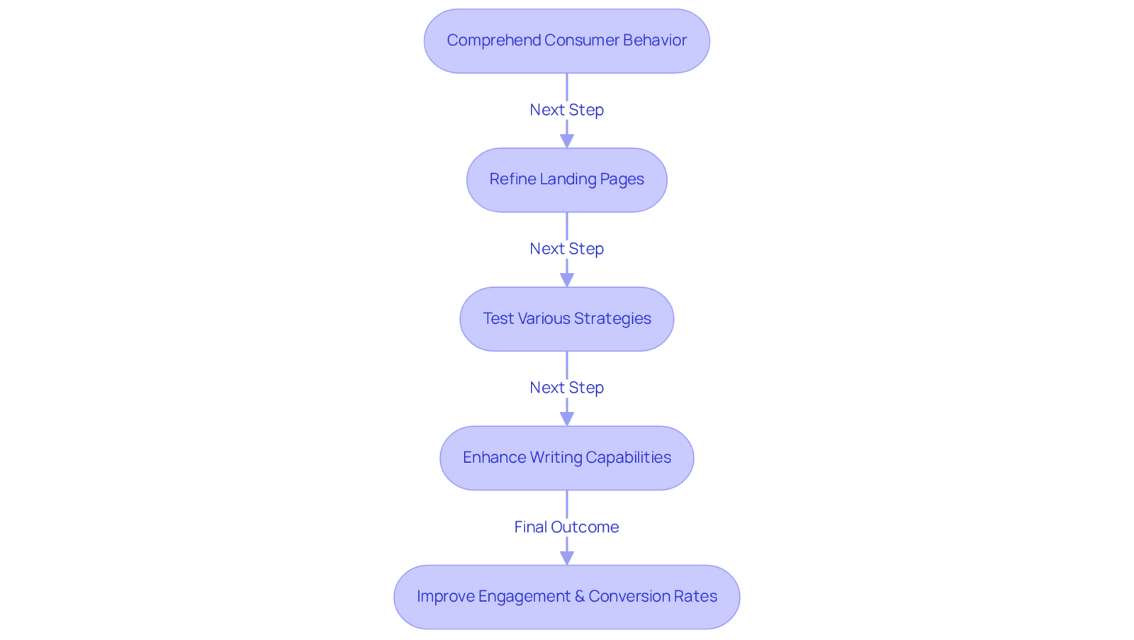 Each box represents a crucial step in optimizing marketing strategies. Start at the top and follow the arrows down to see how each step builds on the previous one, guiding DTC companies toward better engagement and conversion rates. Each box represents a crucial step in optimizing marketing strategies. Start at the top and follow the arrows down to see how each step builds on the previous one, guiding DTC companies toward better engagement and conversion rates.