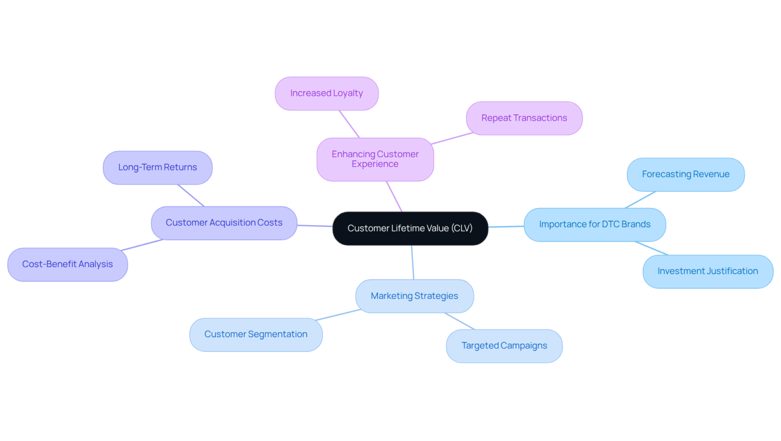 This mindmap starts with CLV at the center. Each branch represents a crucial aspect of its importance, making it easy to see how all the components relate and contribute to business growth.