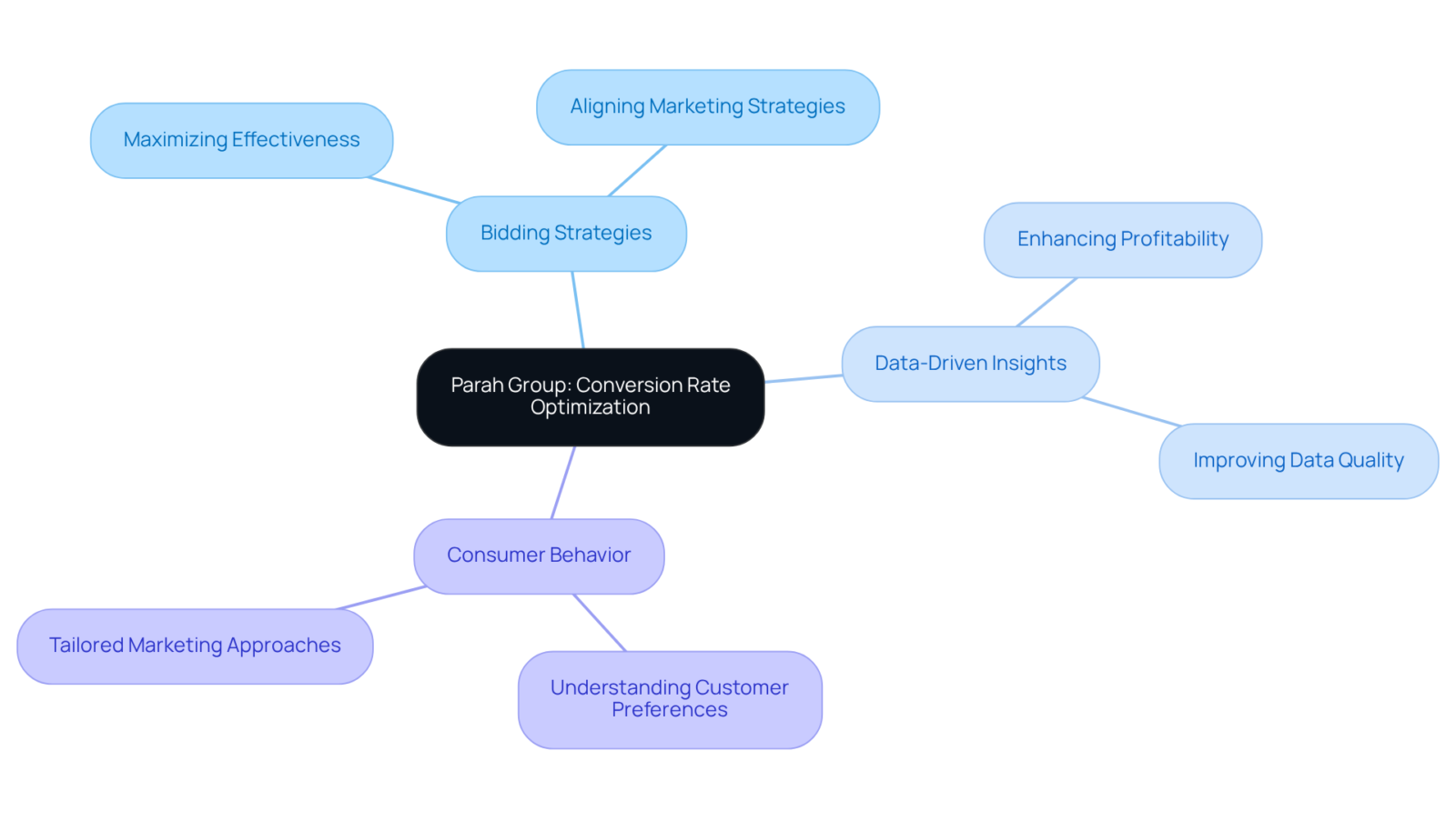 The center node represents Parah Group's main service. Follow the branches to explore various aspects of their strategies and how they contribute to optimizing advertising investments. The center node represents Parah Group's main service. Follow the branches to explore various aspects of their strategies and how they contribute to optimizing advertising investments.