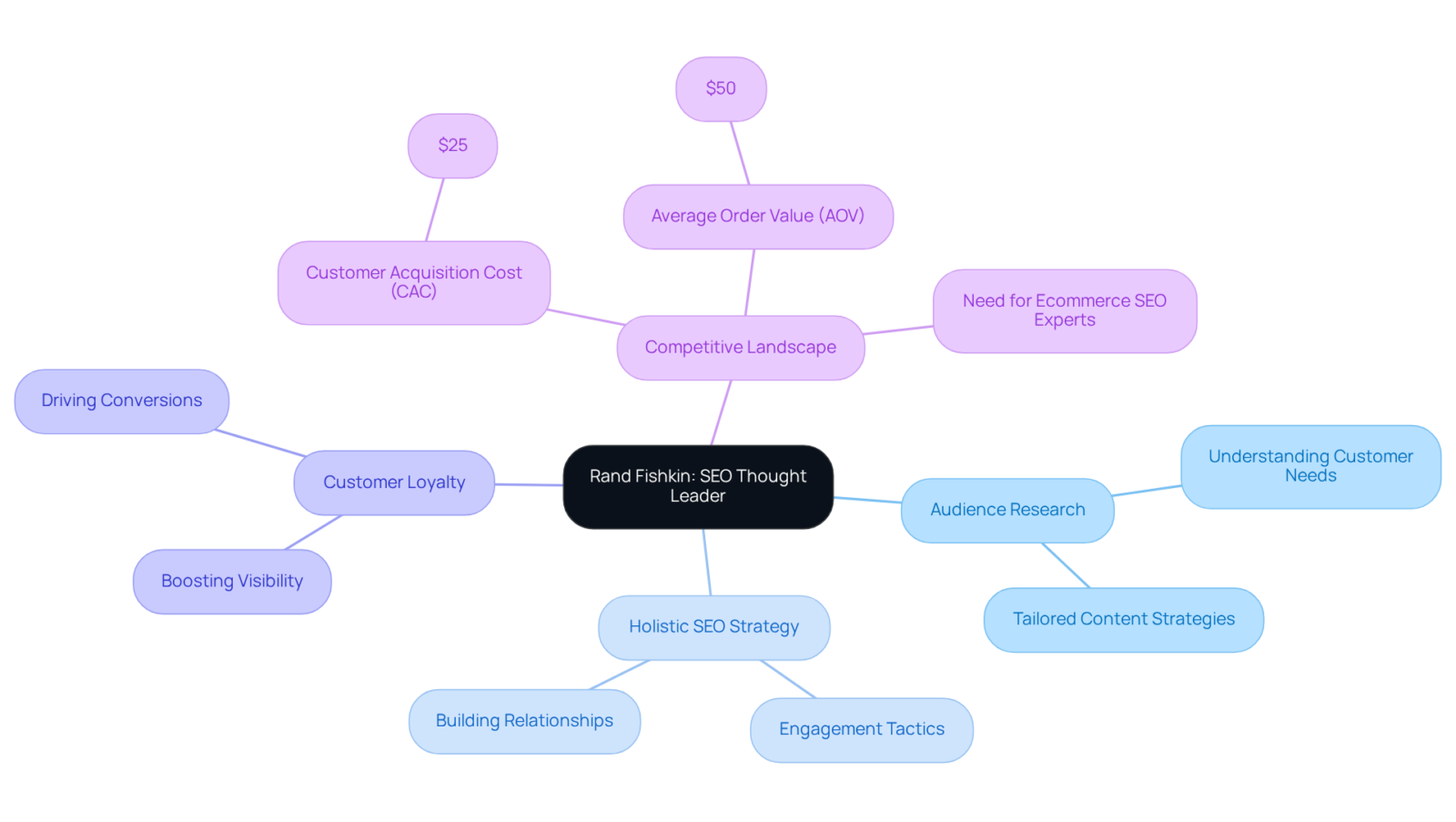The center represents Rand Fishkin's influence in SEO. Each branch shows a different aspect of his strategy, with metrics illustrating important considerations for DTC companies in the digital marketplace. The center represents Rand Fishkin's influence in SEO. Each branch shows a different aspect of his strategy, with metrics illustrating important considerations for DTC companies in the digital marketplace.