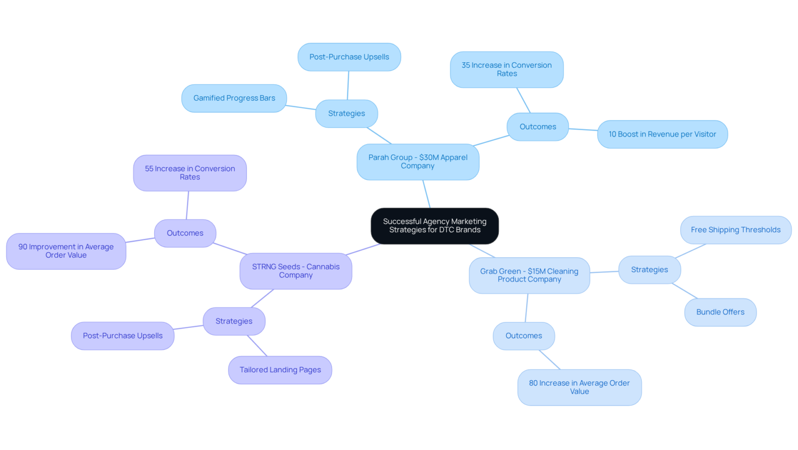 At the center, you'll find the overall theme of the chart. Each branch represents a different DTC brand and shows the strategies they used along with the impressive results they achieved.
