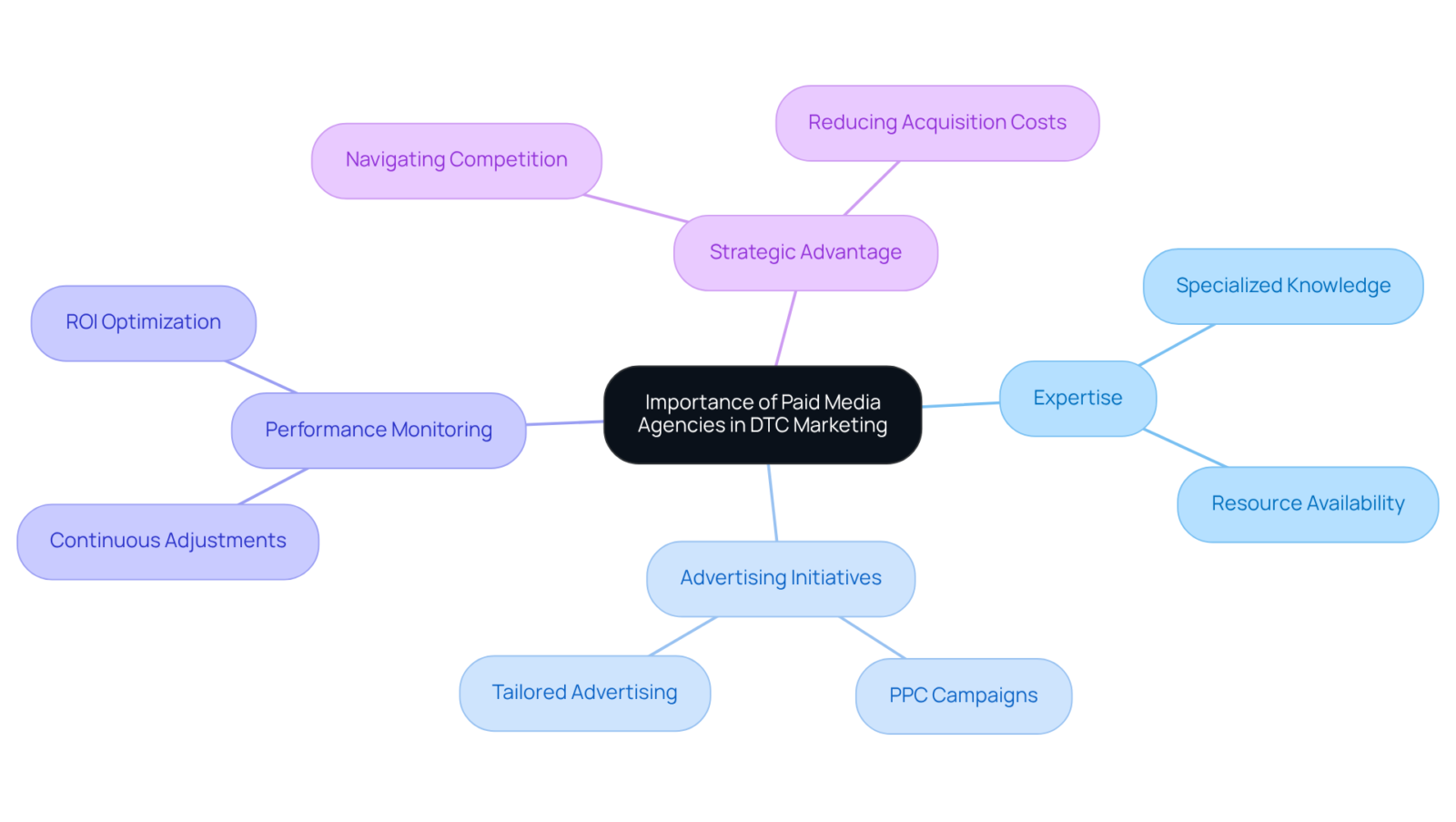 The center shows the main idea, and each branch represents a different aspect of how paid media agencies support DTC companies. Explore each branch for more detailed information. The center shows the main idea, and each branch represents a different aspect of how paid media agencies support DTC companies. Explore each branch for more detailed information.