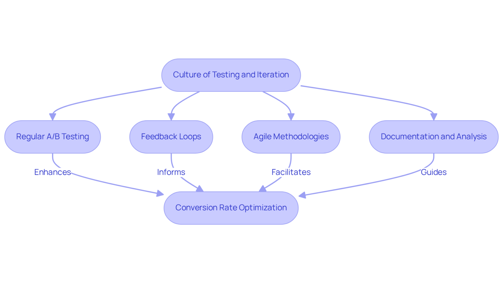 This flowchart outlines the essential steps in fostering a culture of testing and iteration. Each box represents a key component that helps improve conversion rates — follow the arrows to see how they connect and support each other.