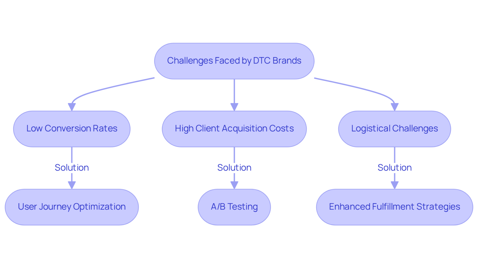 Each box represents a challenge or solution — follow the arrows to see how agencies can help DTC brands overcome their obstacles.