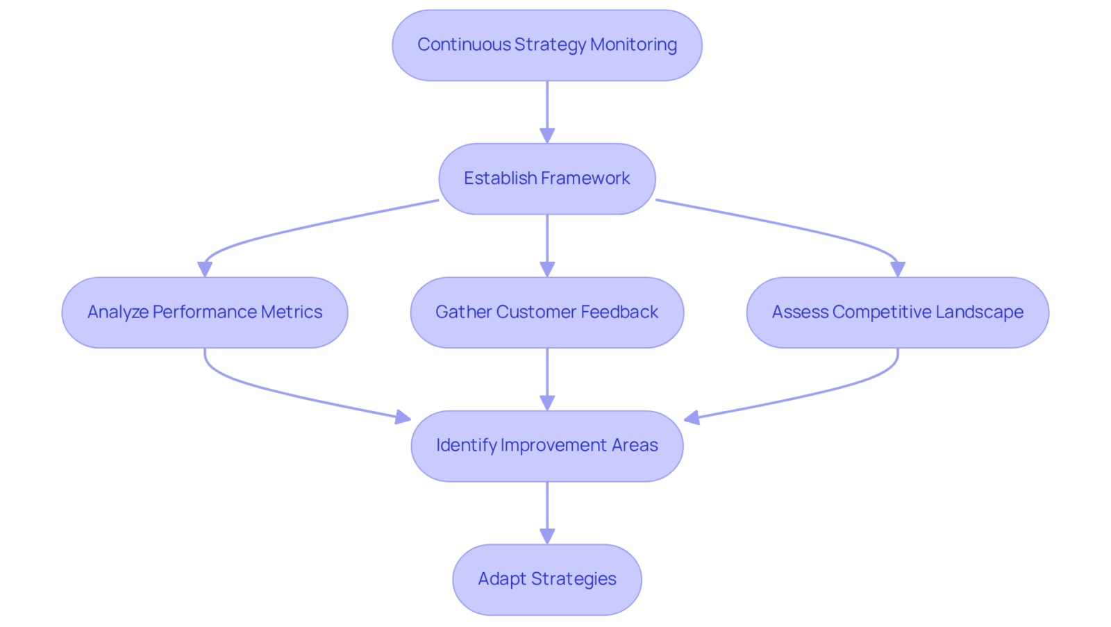 This flowchart shows how companies can continuously monitor their strategies. Starting from establishing a framework, follow the steps that lead to adapting strategies based on performance metrics, customer feedback, and competition.
