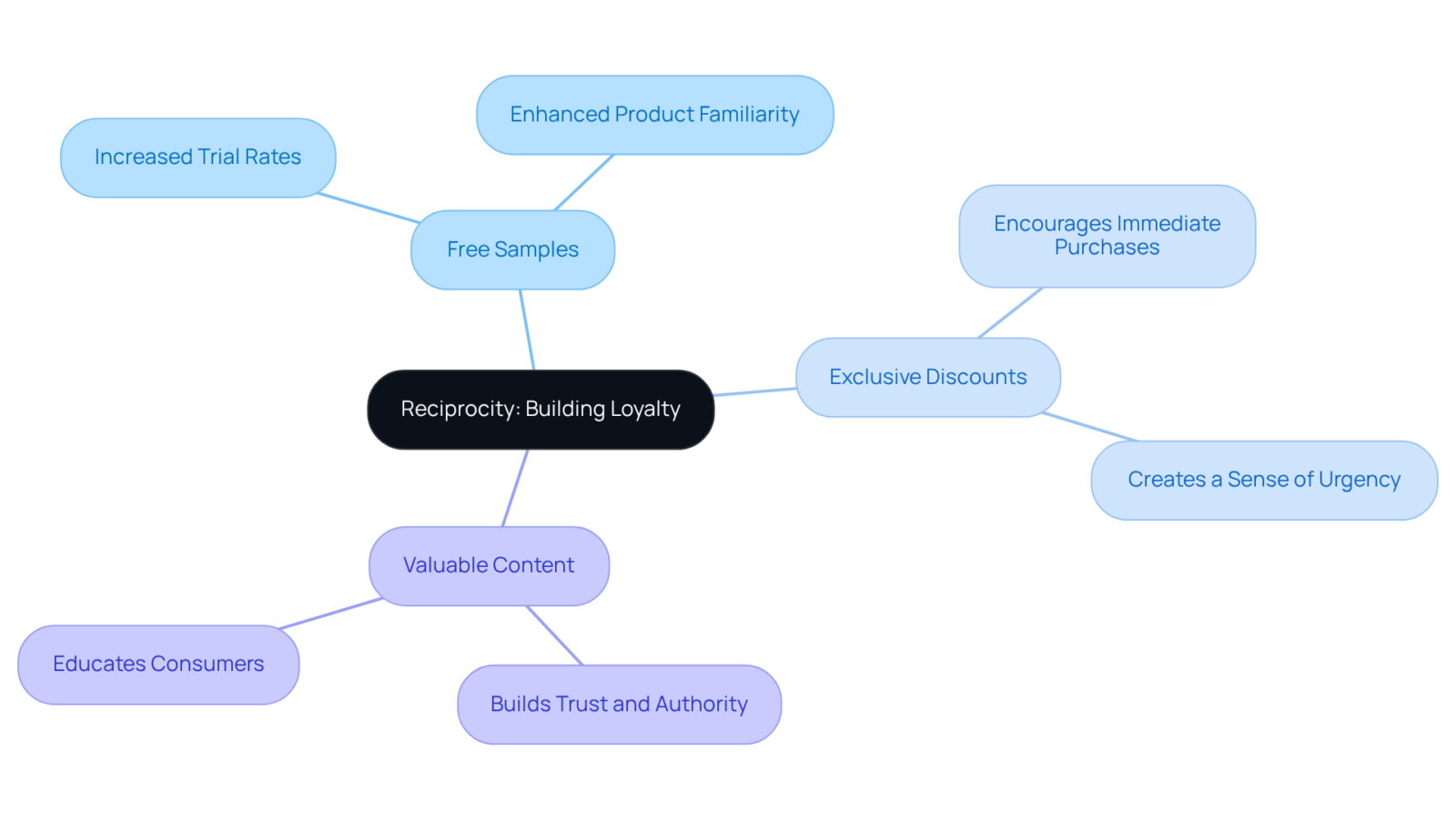 The central idea is reciprocity, showing how offering value can lead to customer loyalty. Each branch represents a tactic that DTC companies can use to foster this relationship. The central idea is reciprocity, showing how offering value can lead to customer loyalty. Each branch represents a tactic that DTC companies can use to foster this relationship.