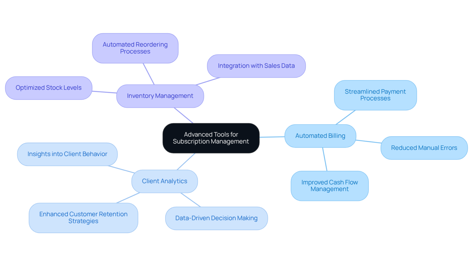 The center of the mindmap shows the main focus on subscription management tools, while the branches represent key features that contribute to improving efficiency and insights into client behavior. The center of the mindmap shows the main focus on subscription management tools, while the branches represent key features that contribute to improving efficiency and insights into client behavior.