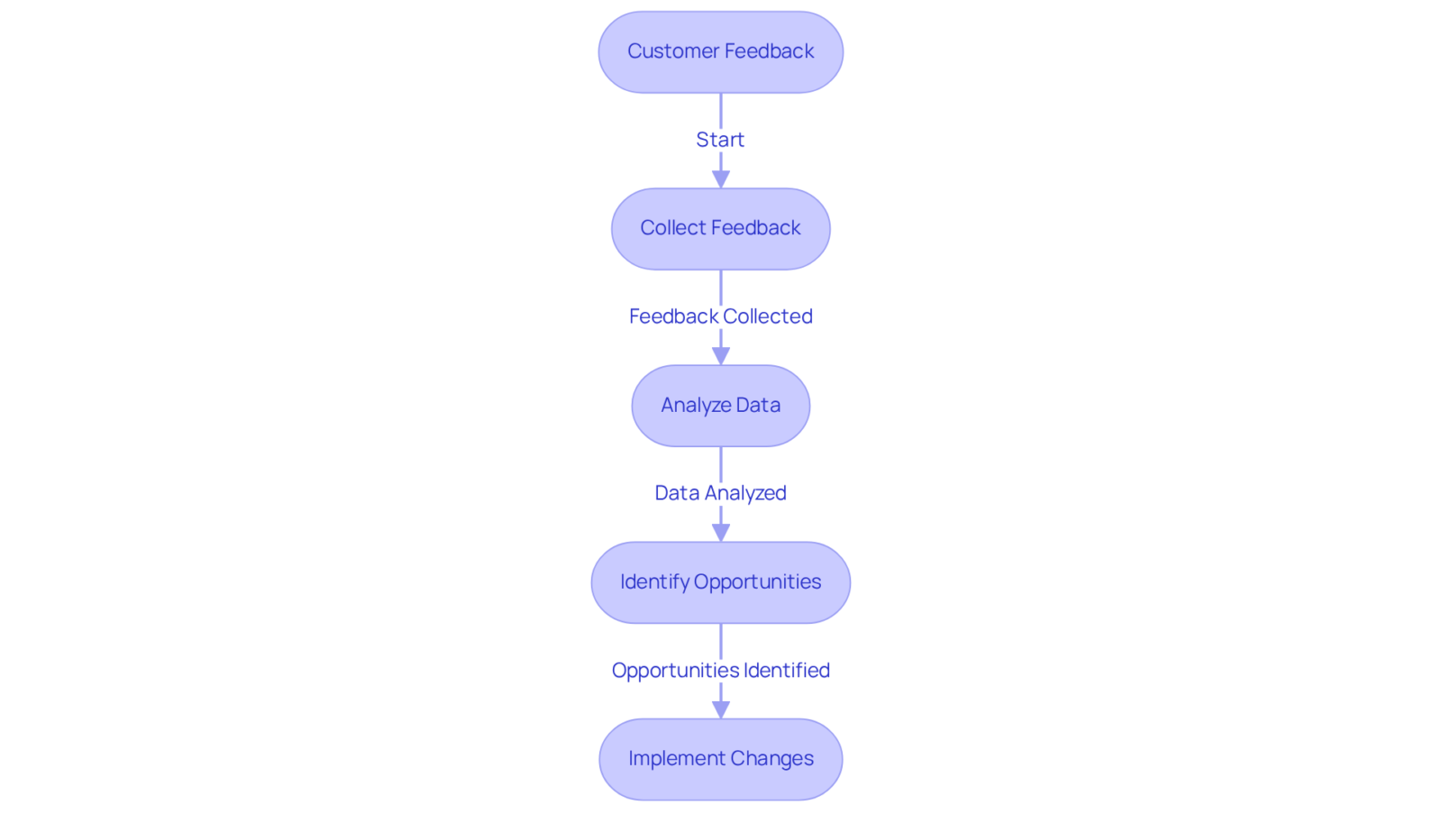 This flowchart shows how customer feedback flows through the process — starting from collection to analysis, leading to strategic changes that improve products and customer satisfaction.