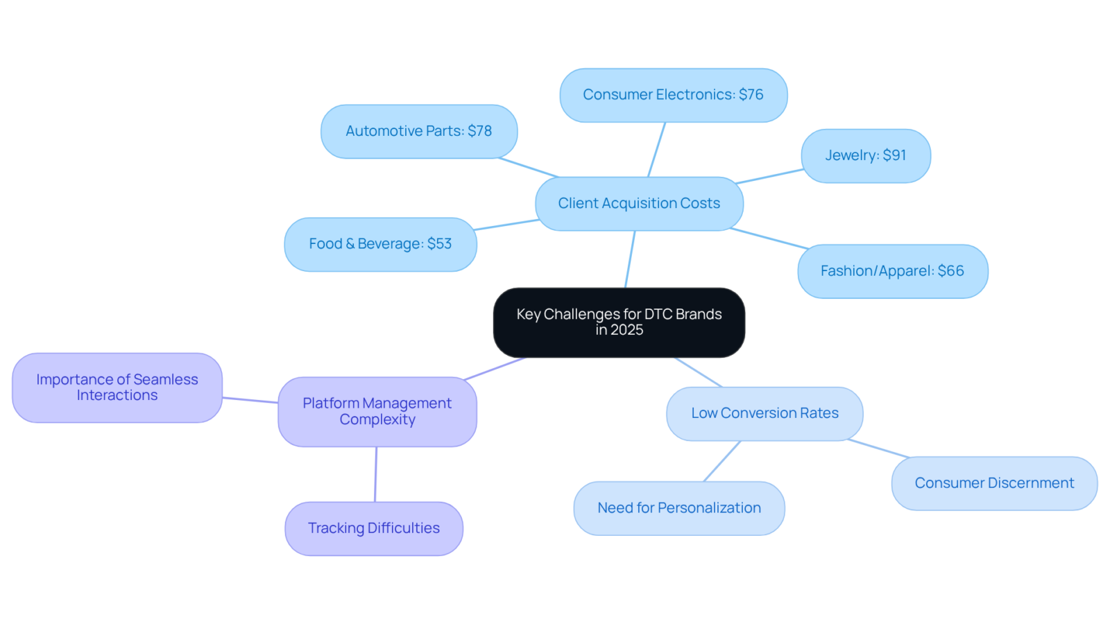 This mindmap outlines the main challenges DTC brands face. Each branch represents a key issue, with further details showing how they relate to each other and impact brand performance.