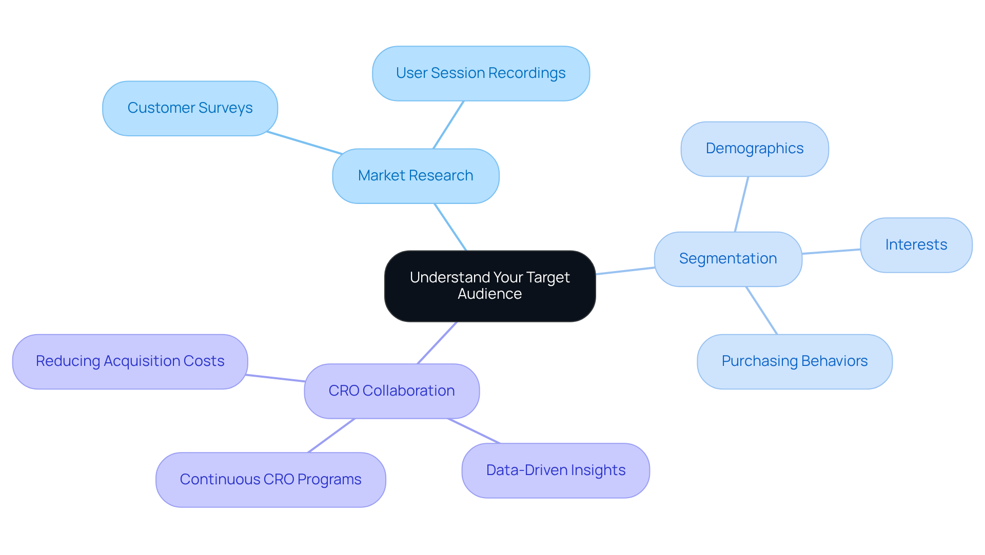 The center represents the main goal of knowing your audience, while the branches show different strategies and methods to achieve that goal. Each branch illustrates how companies can dive deeper into understanding their consumers for better marketing effectiveness. The center represents the main goal of knowing your audience, while the branches show different strategies and methods to achieve that goal. Each branch illustrates how companies can dive deeper into understanding their consumers for better marketing effectiveness.