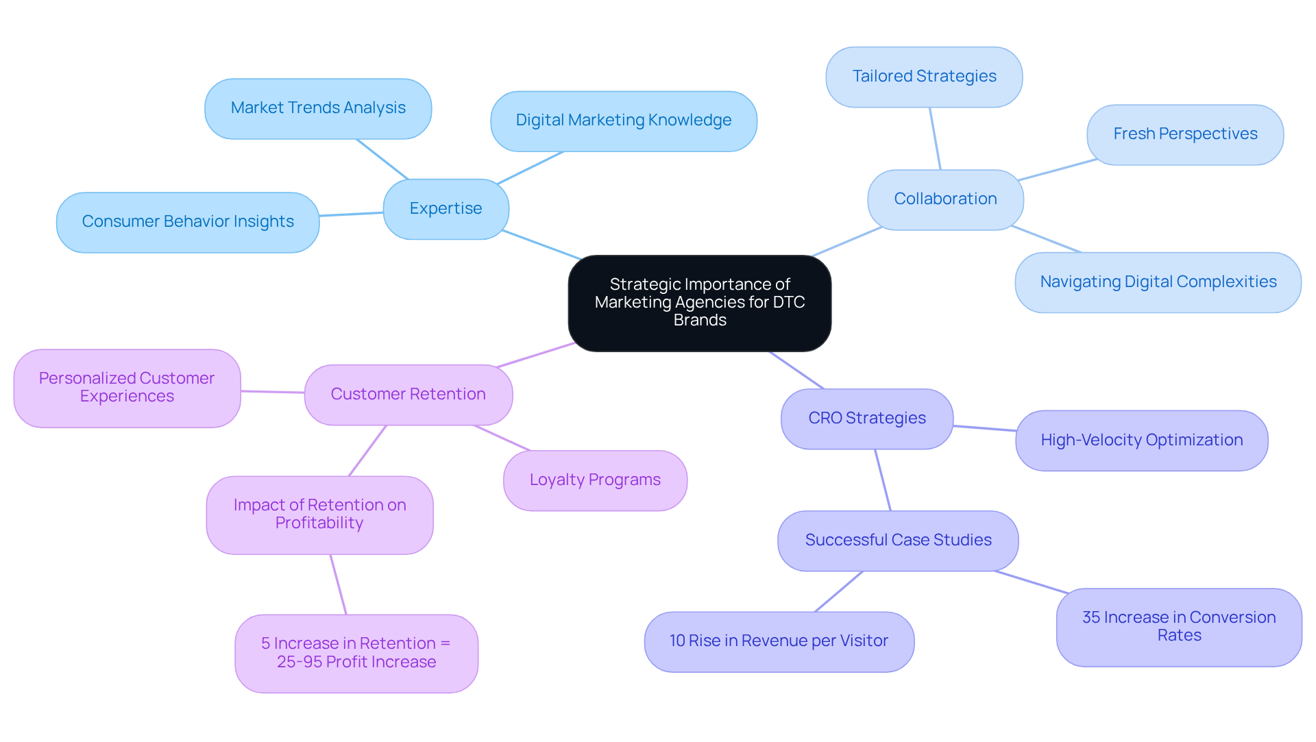 The center represents the overall theme of the strategic importance of marketing agencies. Each main branch highlights a key aspect, and the sub-branches provide specific details and examples. Follow the branches to understand how agencies contribute to the success of DTC companies. The center represents the overall theme of the strategic importance of marketing agencies. Each main branch highlights a key aspect, and the sub-branches provide specific details and examples. Follow the branches to understand how agencies contribute to the success of DTC companies.