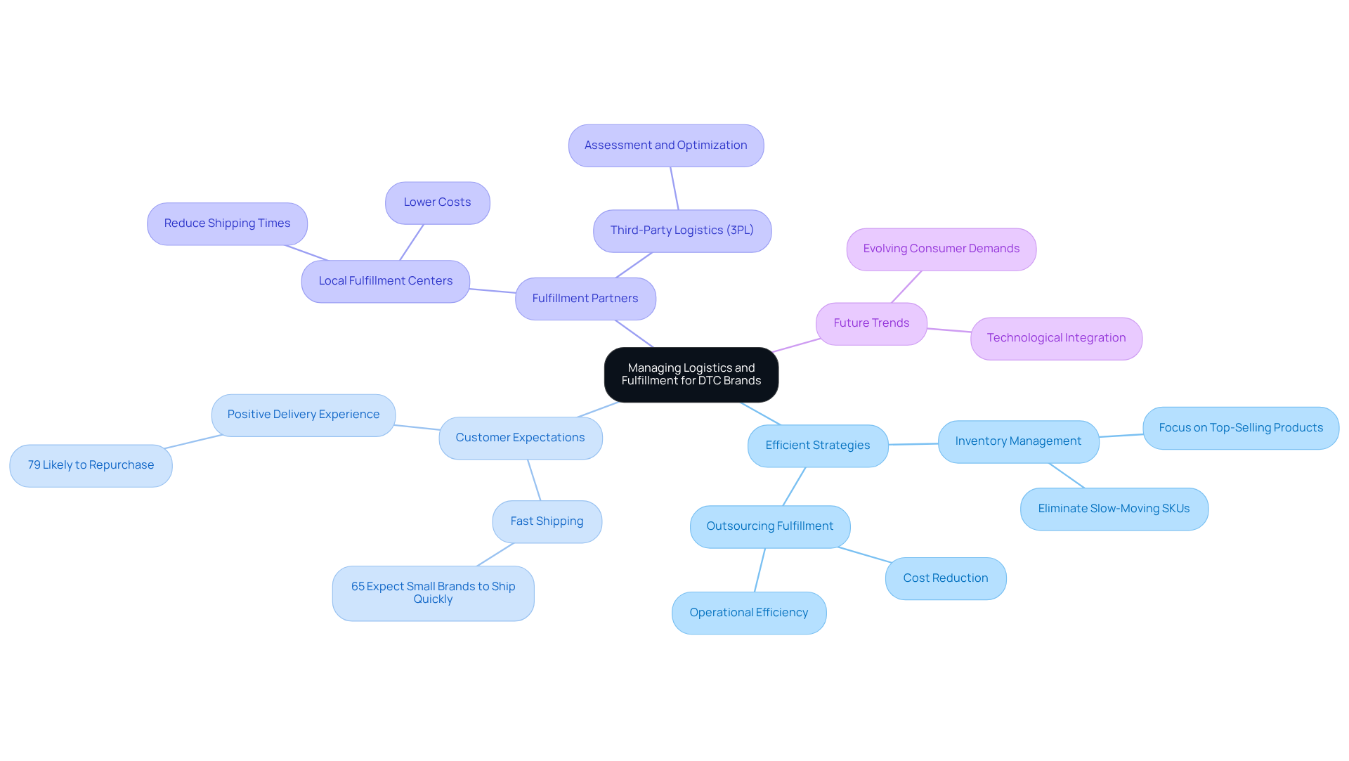 The central node represents the main focus area, while each branch highlights a different strategy or insight. Sub-branches provide additional details such as statistics or quotes, illustrating how each aspect contributes to successful DTC logistics.