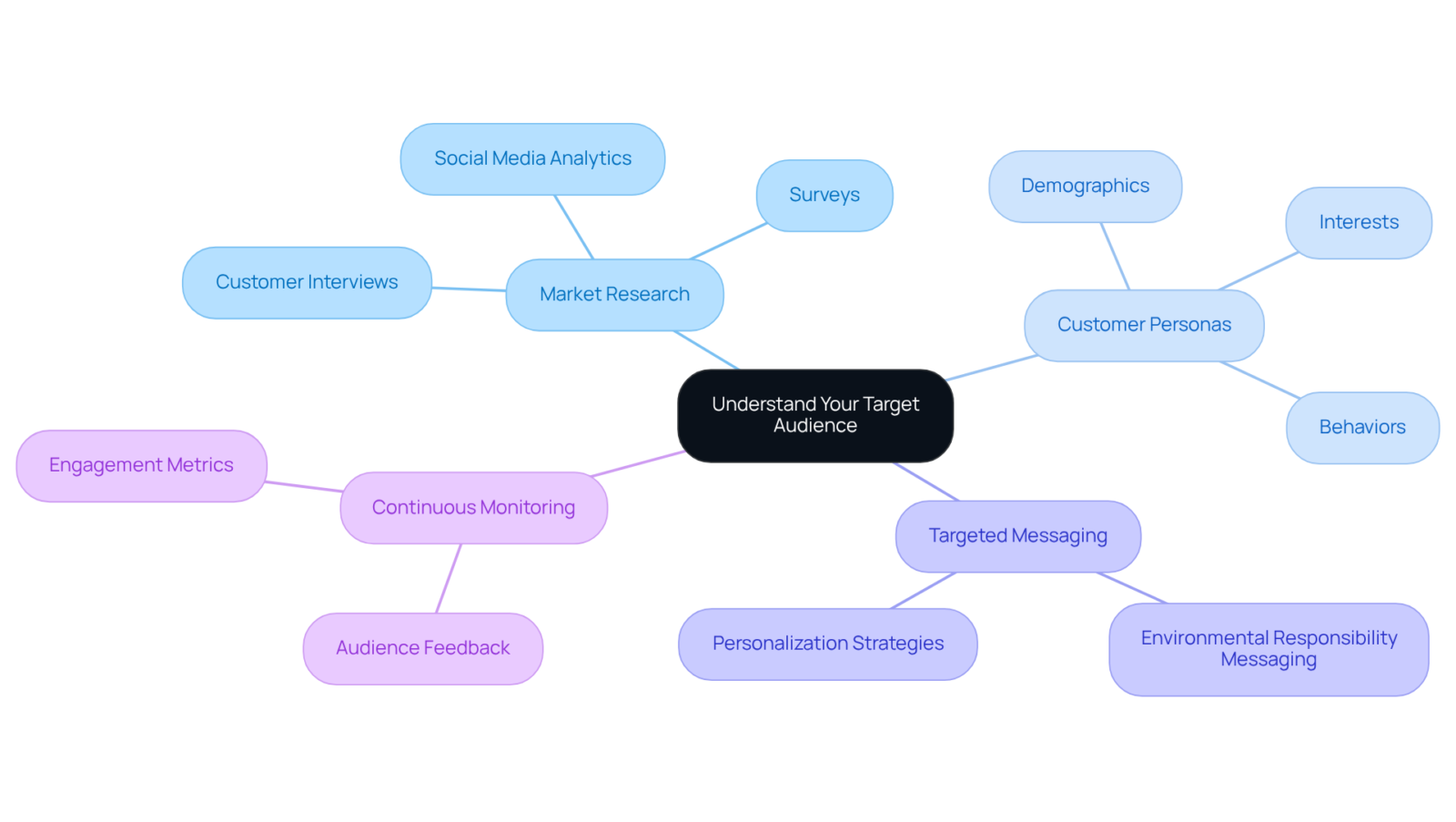 The center represents the main goal of understanding your audience. The branches show different strategies and tools you can use to achieve this understanding, with sub-branches detailing specific actions or examples. The center represents the main goal of understanding your audience. The branches show different strategies and tools you can use to achieve this understanding, with sub-branches detailing specific actions or examples.