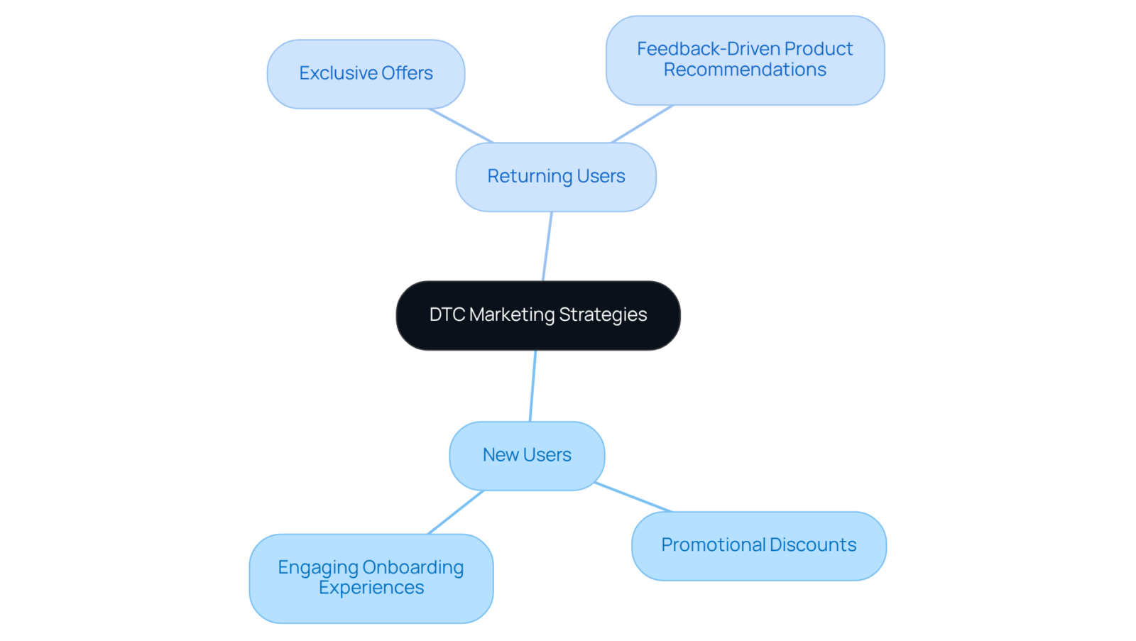 The central node represents DTC marketing strategies. Each branch shows how strategies differ for new and returning users, with specific actions listed under each category.