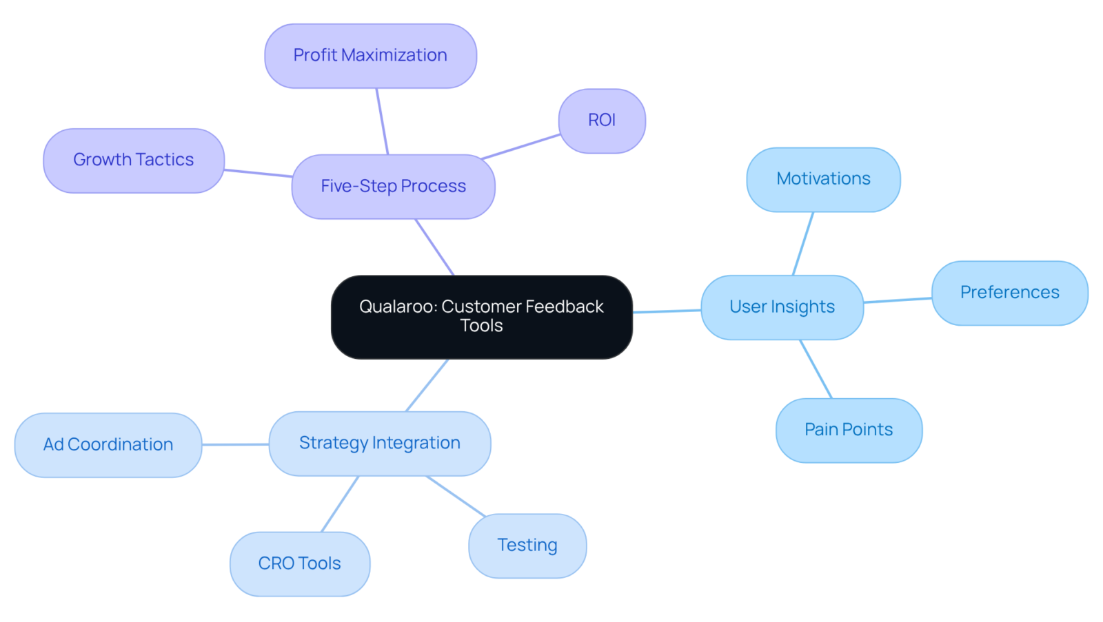 Start from the center with Qualaroo, then explore the branches to see how it connects to user insights, strategic integration, and a structured process for enhancing profitability. Start from the center with Qualaroo, then explore the branches to see how it connects to user insights, strategic integration, and a structured process for enhancing profitability.