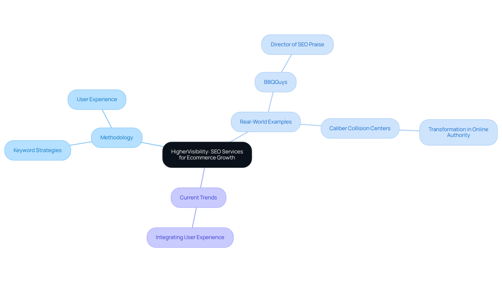 The central idea is HigherVisibility's focus on SEO for e-commerce. Branches show the different aspects of their service: methodology (how they work), real-world examples (success stories), and trends (what’s important in the industry). The central idea is HigherVisibility's focus on SEO for e-commerce. Branches show the different aspects of their service: methodology (how they work), real-world examples (success stories), and trends (what’s important in the industry).