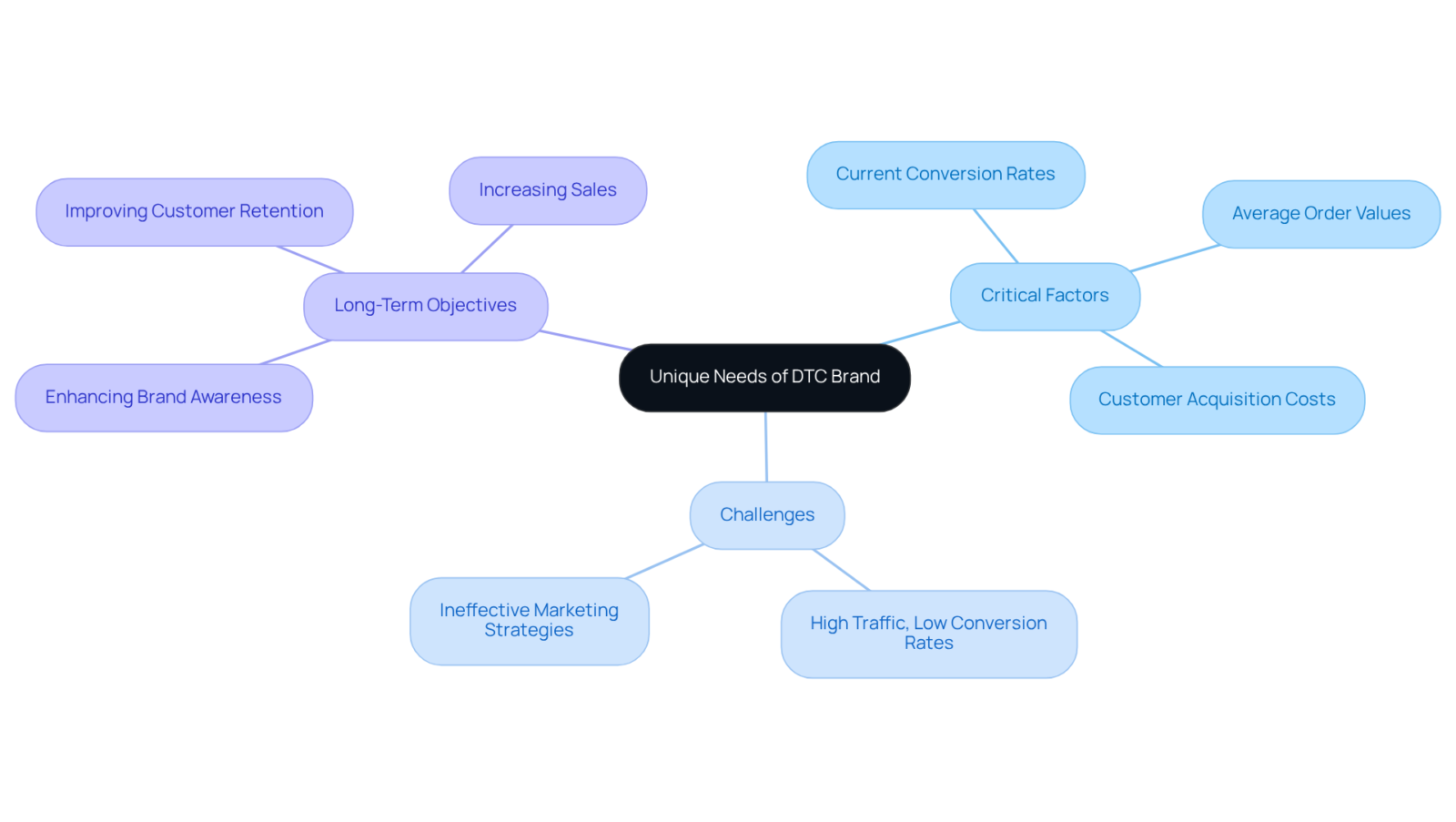 The central node represents the overall assessment need. Branches show critical factors to consider, potential challenges faced, and long-term goals to aim for as you assess your DTC brand's unique needs. The central node represents the overall assessment need. Branches show critical factors to consider, potential challenges faced, and long-term goals to aim for as you assess your DTC brand's unique needs.