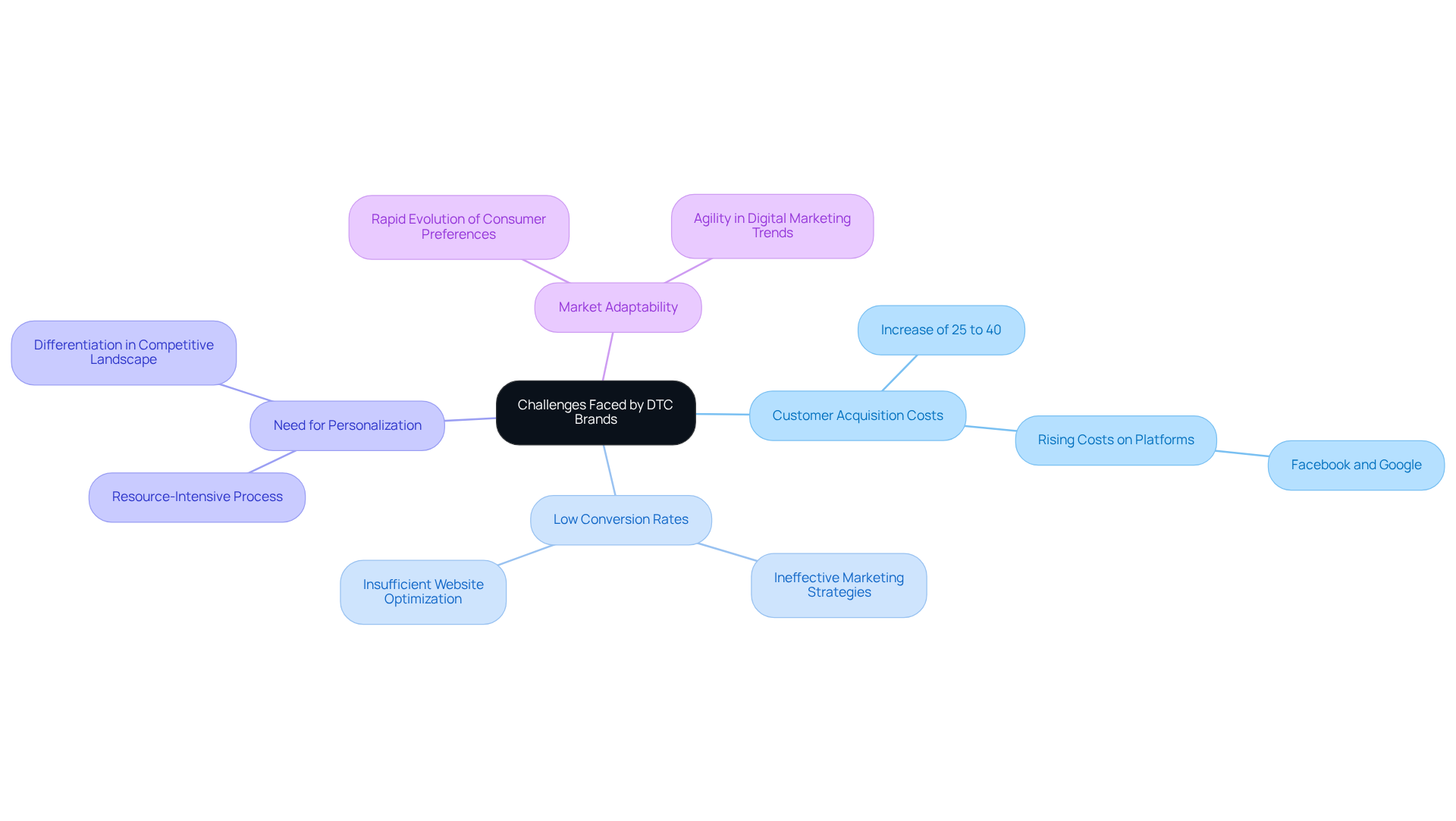 The central node represents the main topic, while the branches illustrate the various challenges DTC brands encounter. Each sub-point provides further detail about these challenges, helping to understand their complexity and interrelation. The central node represents the main topic, while the branches illustrate the various challenges DTC brands encounter. Each sub-point provides further detail about these challenges, helping to understand their complexity and interrelation.