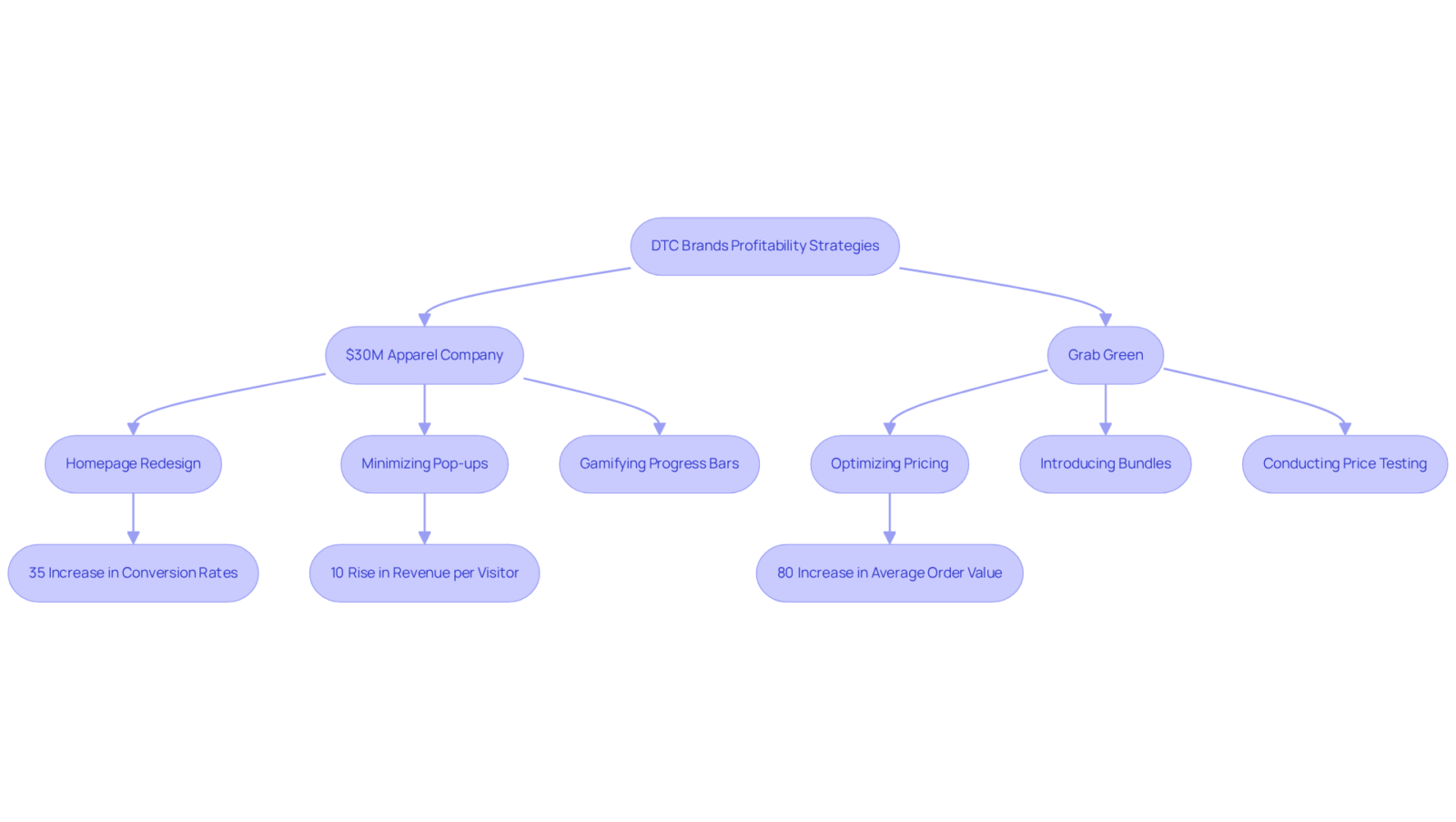 This flowchart outlines how specific strategies lead to measurable outcomes for DTC brands. Follow the arrows to see how actions taken by companies translate into increased conversion rates and revenue. This flowchart outlines how specific strategies lead to measurable outcomes for DTC brands. Follow the arrows to see how actions taken by companies translate into increased conversion rates and revenue.